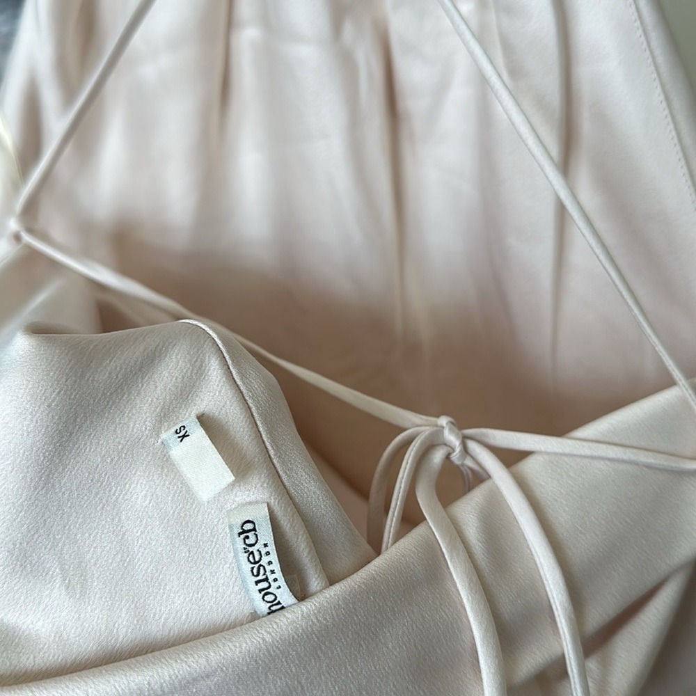 House of CB Zanab Cream Thigh High Slit Halter Satin Strappy Back Maxi NWOT XS‎ - Picture 9 of 10
